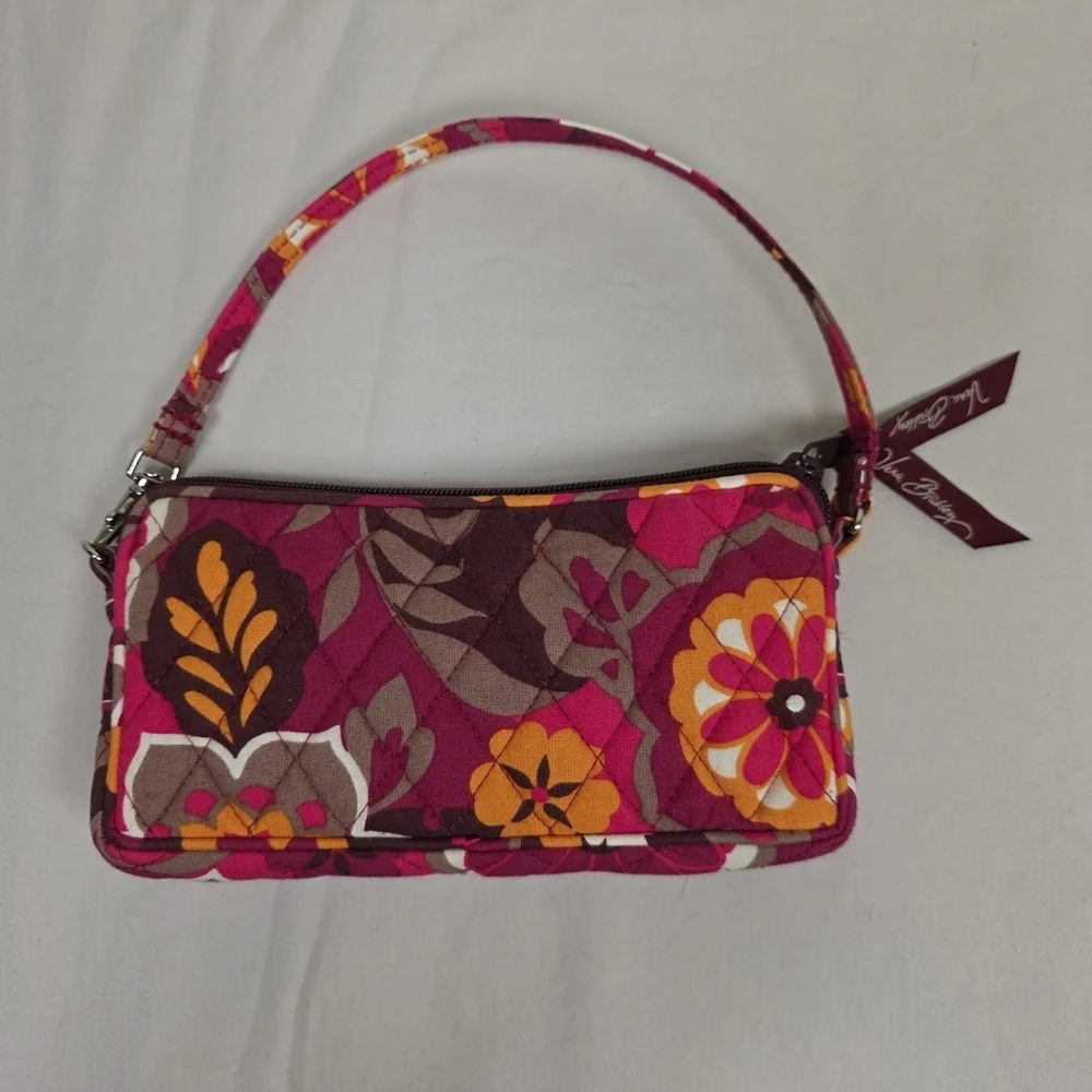 Vera Bradley Floral Quilted Wristlet Clutch Pink Brown Zip Pouch
